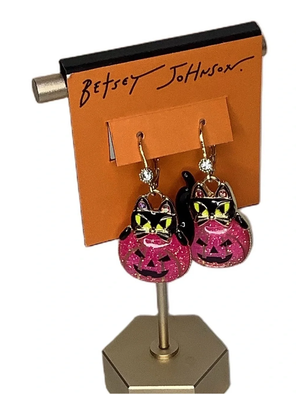 Betsey Johnson Halloween Black Cat Pink Pumpkin Drop Earrings New